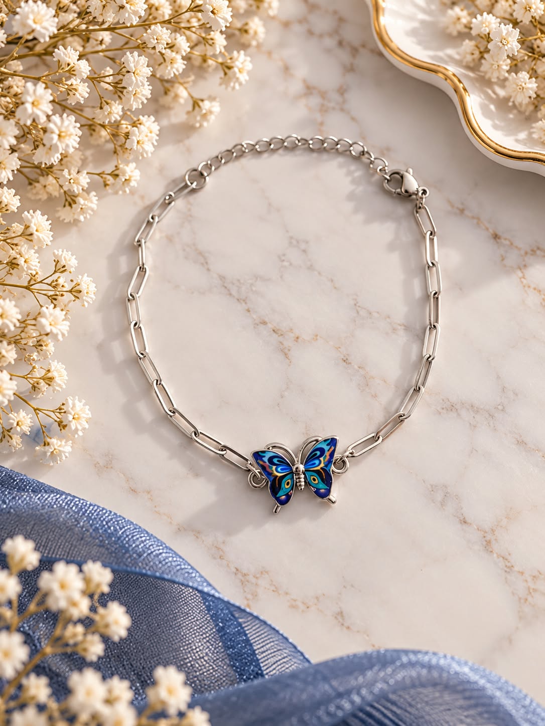 Bracelet papillon bleu à chaîne argentée