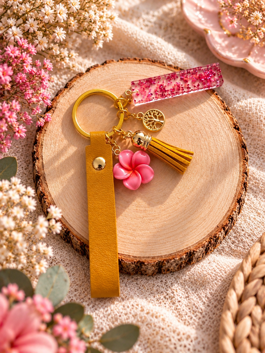 porte-clés jaune moutarde et rose